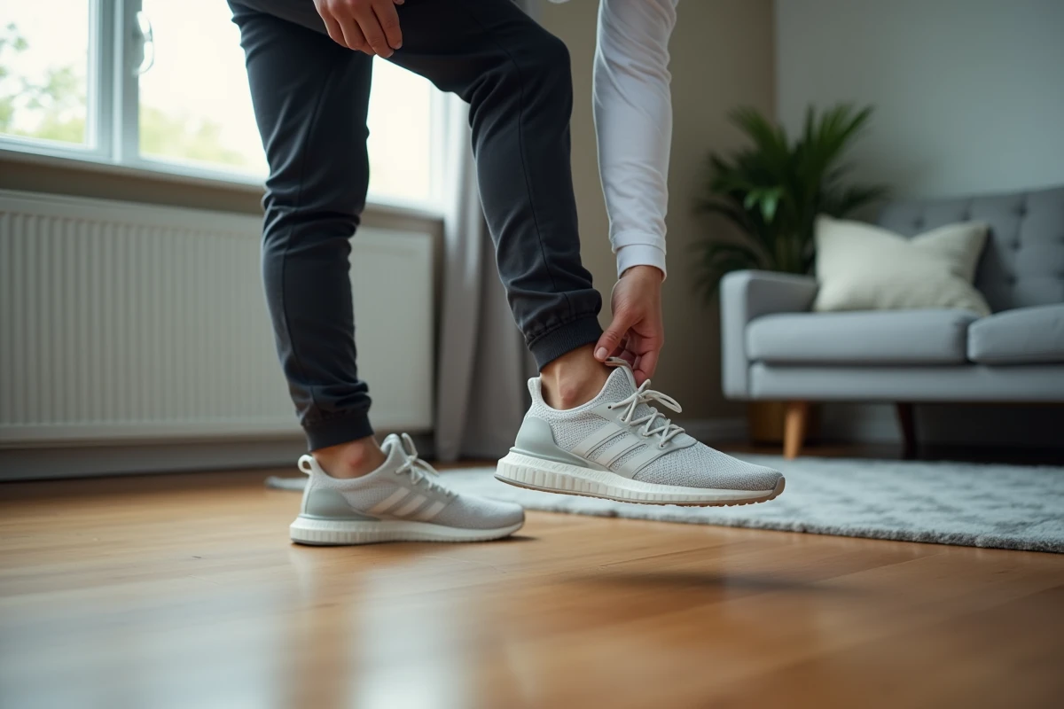Homme debout chez lui vérifiant l'ajustement de ses chaussures Adidas en testant l'espace pour les orteils