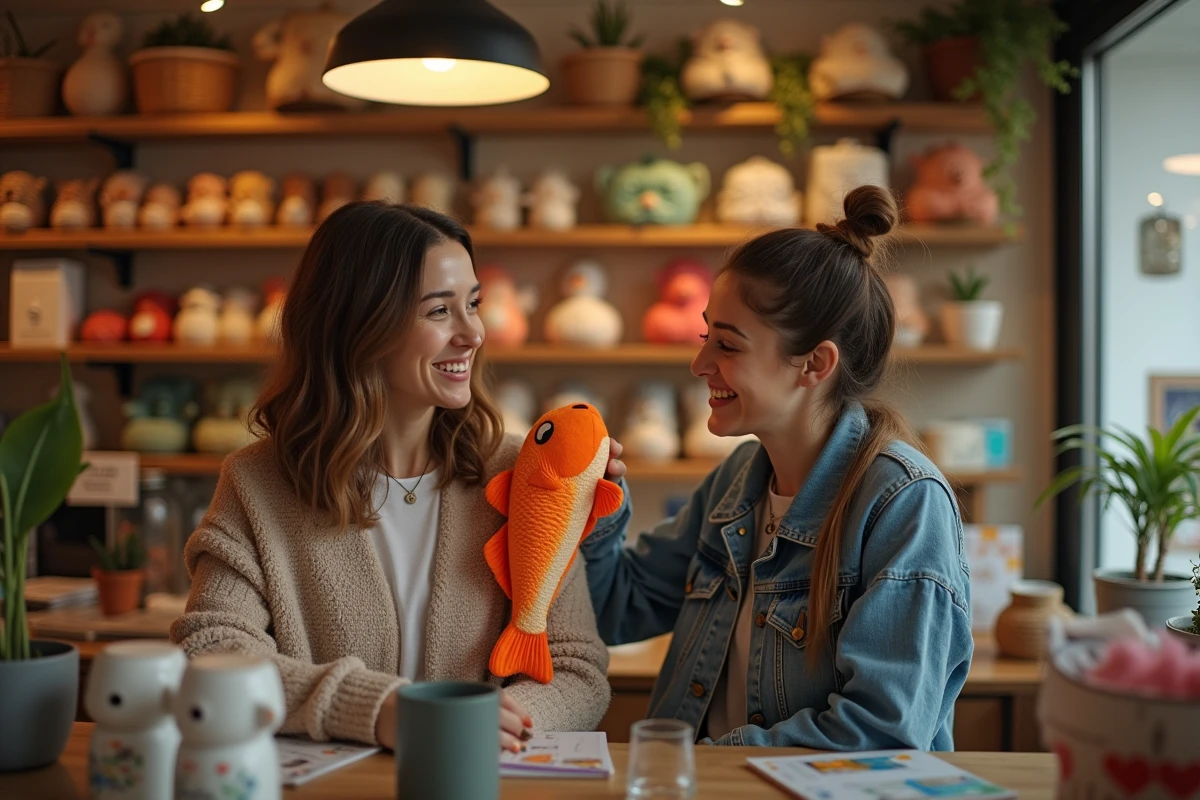 Deux amies riant dans une boutique de cadeaux humoristiques avec une claquette poisson en caoutchouc