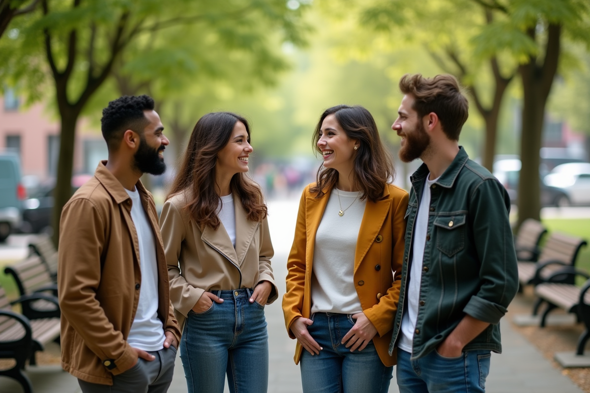 Groupe d amis souriants dans un parc urbain en plein air