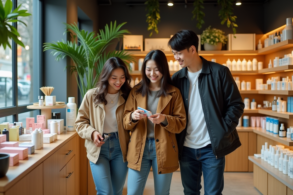 Trois amis découvrant des produits de soin dans une boutique koreenne