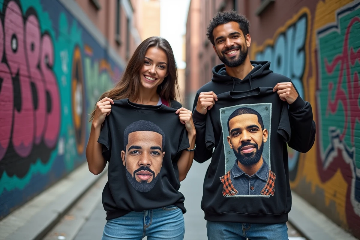 Deux amis présentant leurs t-shirts Drake personnalisés avec patches et impressions graphiques devant un mur de street art