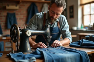 Artisan denim en atelier avec machine ancienne