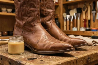 Paire de bottes western en cuir marron posée sur un établi en bois avec un pot de conditionneur et un chiffon doux pour assouplir le cuir