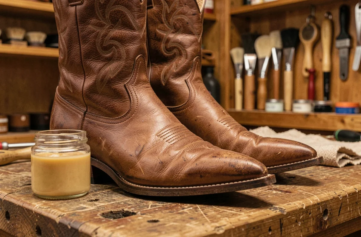 Paire de bottes western en cuir marron posée sur un établi en bois avec un pot de conditionneur et un chiffon doux pour assouplir le cuir