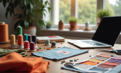 Espace de couture créatif avec fils colorés et ordinateur