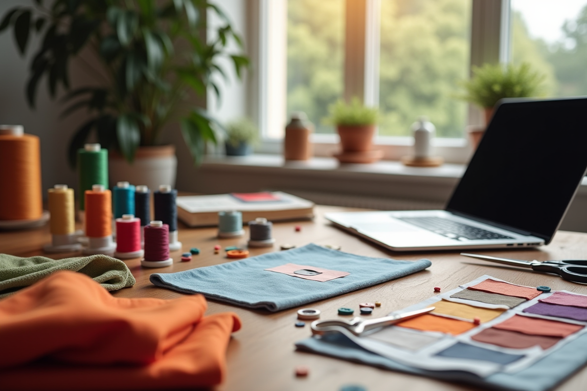 Espace de couture créatif avec fils colorés et ordinateur