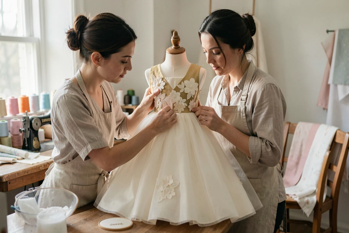 Couturière personnalisant une robe princesse ivoire sur un mannequin enfant dans un atelier de couture artisanal