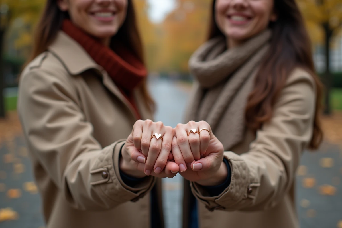 Deux amies portant des bagues cœur magnétiques assorties en or rose dans un parc urbain en automne