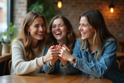 Trois amies portant des bagues cœur magnétiques assorties en argent autour d'une table de café en bois