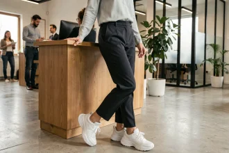 Femme portant des baskets ergonomiques confortables pour travailler debout toute la journée dans un bureau moderne