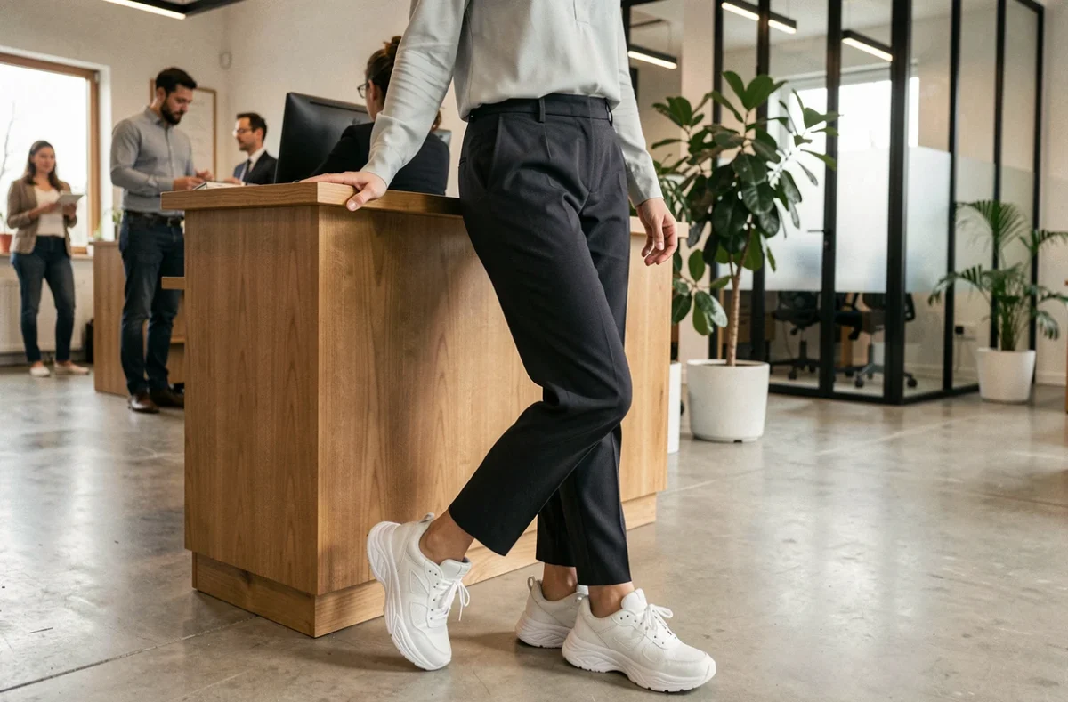 Femme portant des baskets ergonomiques confortables pour travailler debout toute la journée dans un bureau moderne
