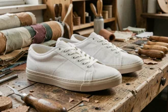 Paire de baskets françaises en coton bio blanc posée sur un établi en chêne dans un atelier artisanal de cordonnerie, entourée de matériaux recyclés et d'outils traditionnels