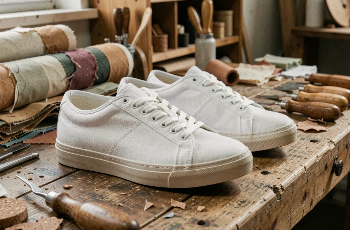 Paire de baskets françaises en coton bio blanc posée sur un établi en chêne dans un atelier artisanal de cordonnerie, entourée de matériaux recyclés et d'outils traditionnels