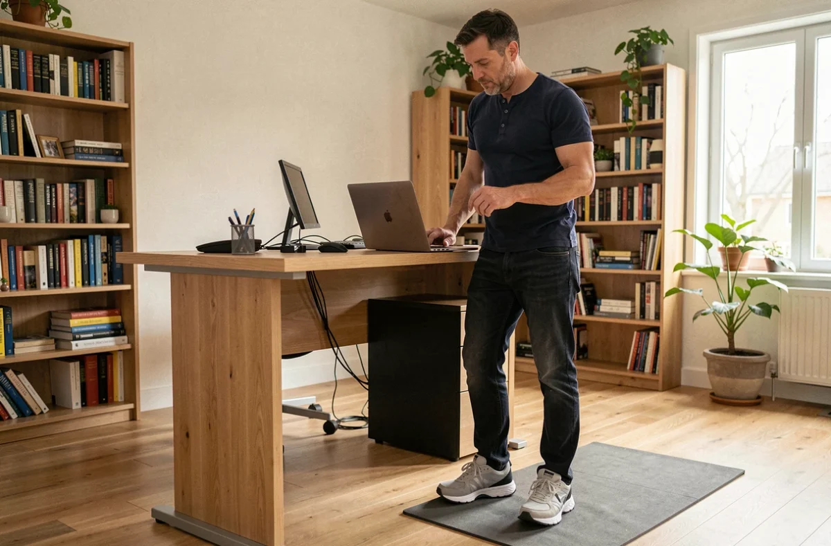 Homme portant des baskets à semelles mémoire de forme pour rester debout confortablement à son bureau à domicile