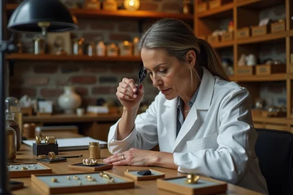 Bijoutière experte examinant un poinçon sur une bague en or avec une loupe dans un atelier authentique