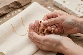 Bijoux plaqué or posés sur un tissu en lin crème, avec un bracelet et un collier dorés tenus par des mains féminines dans un studio de bijouterie minimaliste
