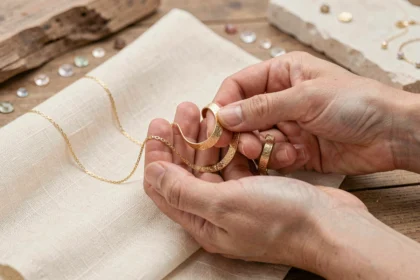 Bijoux plaqué or posés sur un tissu en lin crème, avec un bracelet et un collier dorés tenus par des mains féminines dans un studio de bijouterie minimaliste