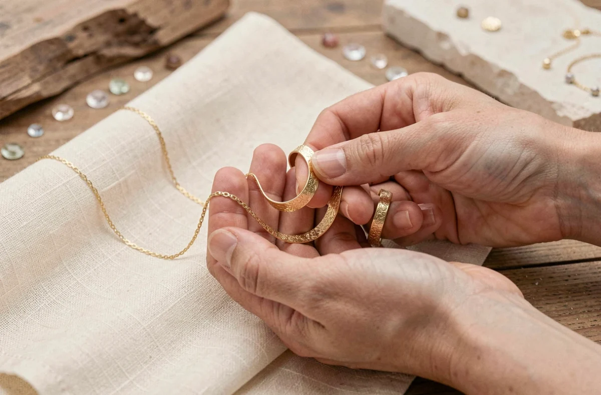 Bijoux plaqué or posés sur un tissu en lin crème, avec un bracelet et un collier dorés tenus par des mains féminines dans un studio de bijouterie minimaliste