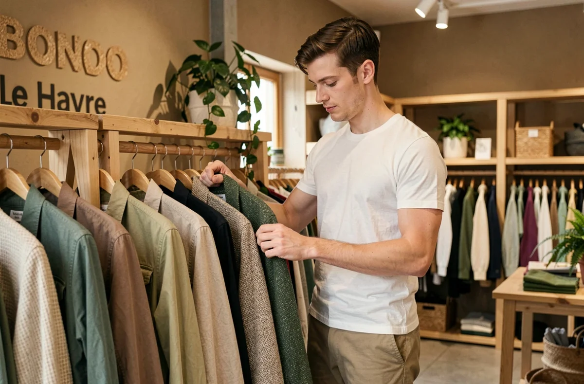 Jeune homme examinant une veste dans la boutique Bonobo du Havre, décor en bois naturel et atmosphère éco-responsable