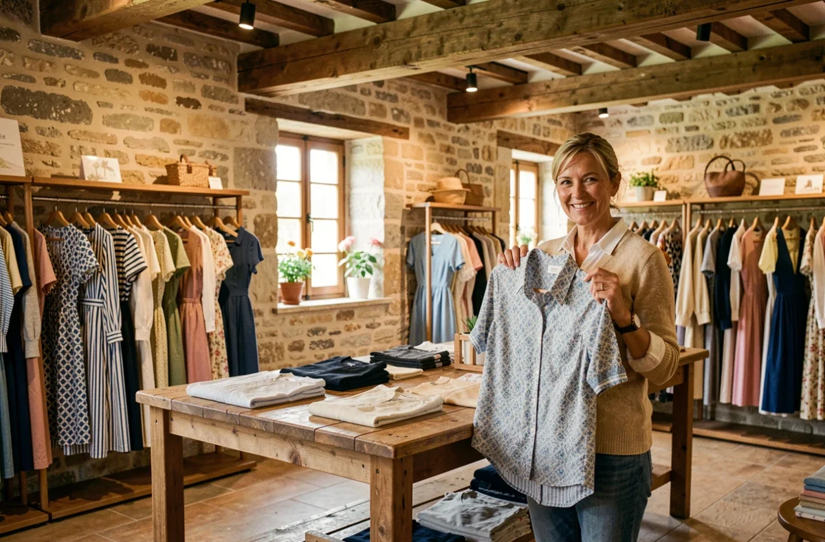 Intérieur de la boutique Bernard-Solfin à Chanverrie dans un cadre rural vendéen avec collection féminine