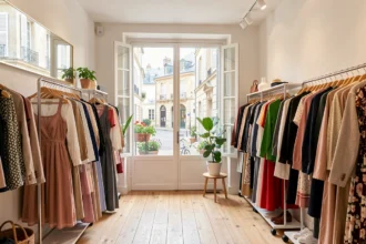 Boutique de vêtements en France avec portants de robes et de vestes