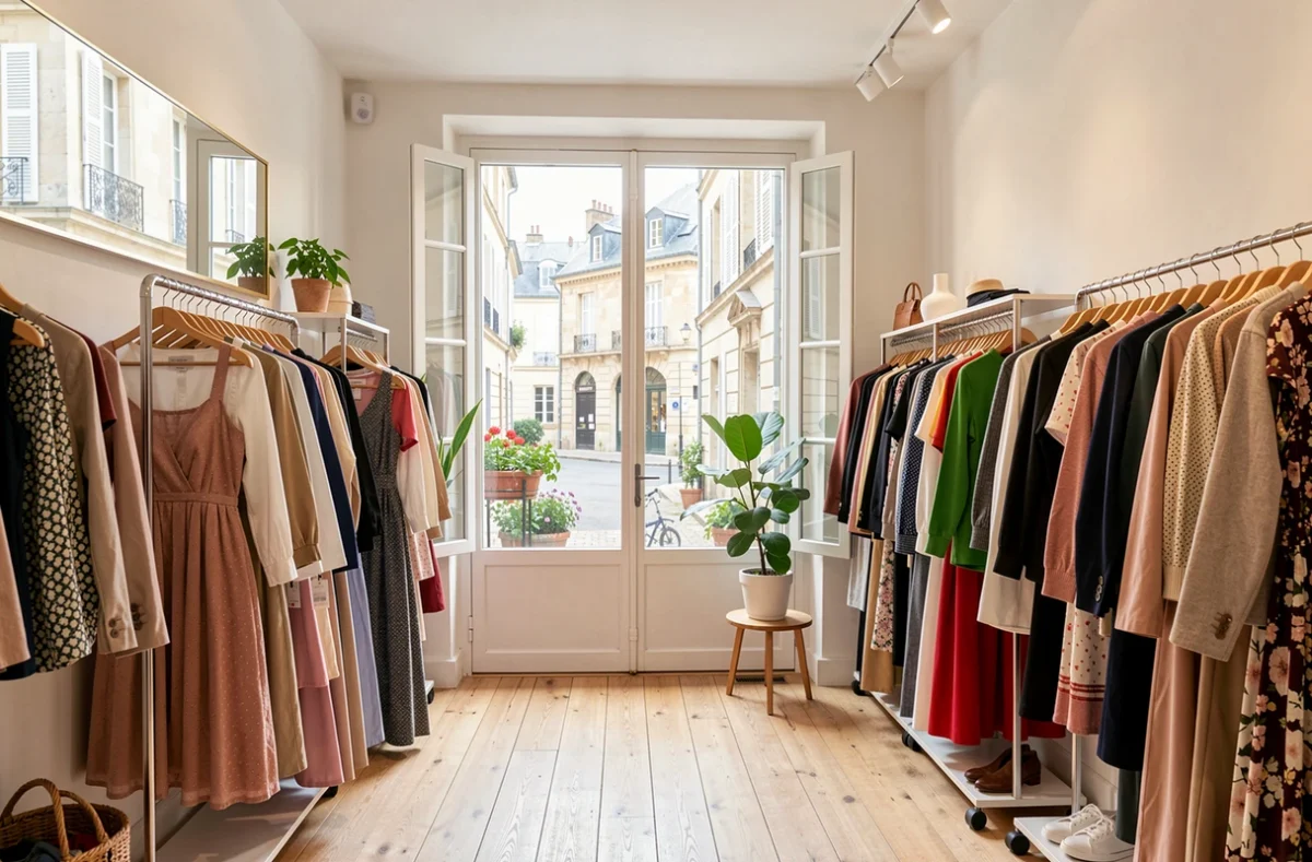 Boutique de vêtements en France avec portants de robes et de vestes