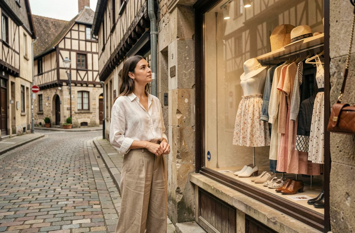 Femme devant la vitrine de la boutique ESS rue Jeanne-d'Arc à Rouen, architecture normande en arrière-plan