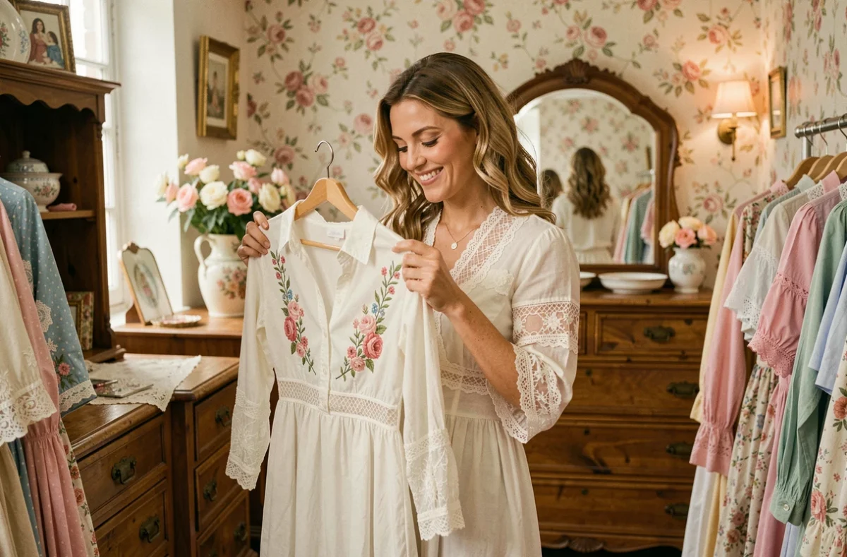Femme tenant un chemisier brodé dans la boutique Les Secrets de Louison en Vendée au décor romantique vintage