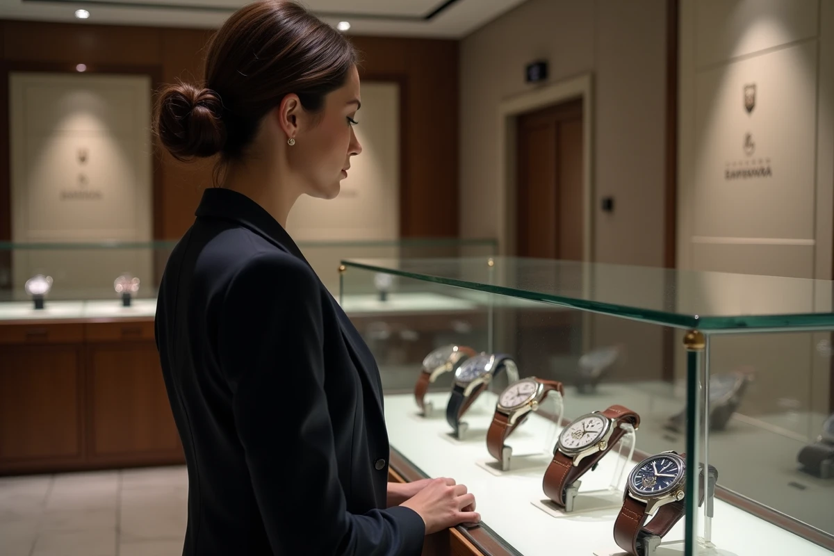 Boutique de montres de luxe suisses avec une conseillère devant un présentoir de garde-temps Richemont
