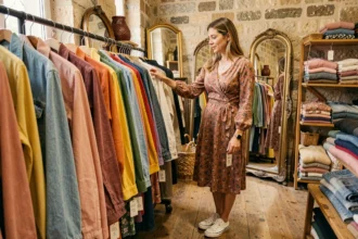 Femme qui fait du shopping dans une boutique vintage toulousaine avec des murs en pierre apparente et des portants colorés