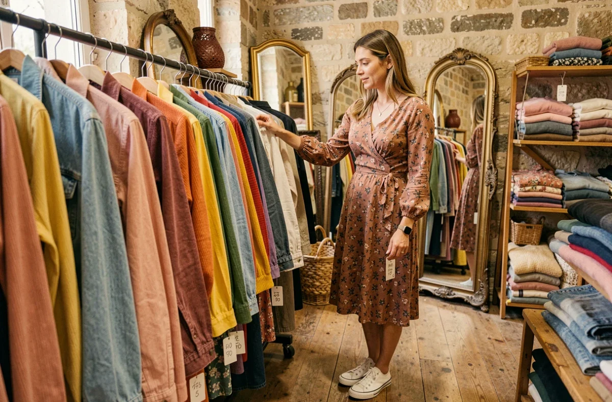 Femme qui fait du shopping dans une boutique vintage toulousaine avec des murs en pierre apparente et des portants colorés