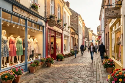 Rue commerçante de Vendée avec des boutiques de prêt-à-porter féminin aux vitrines élégantes
