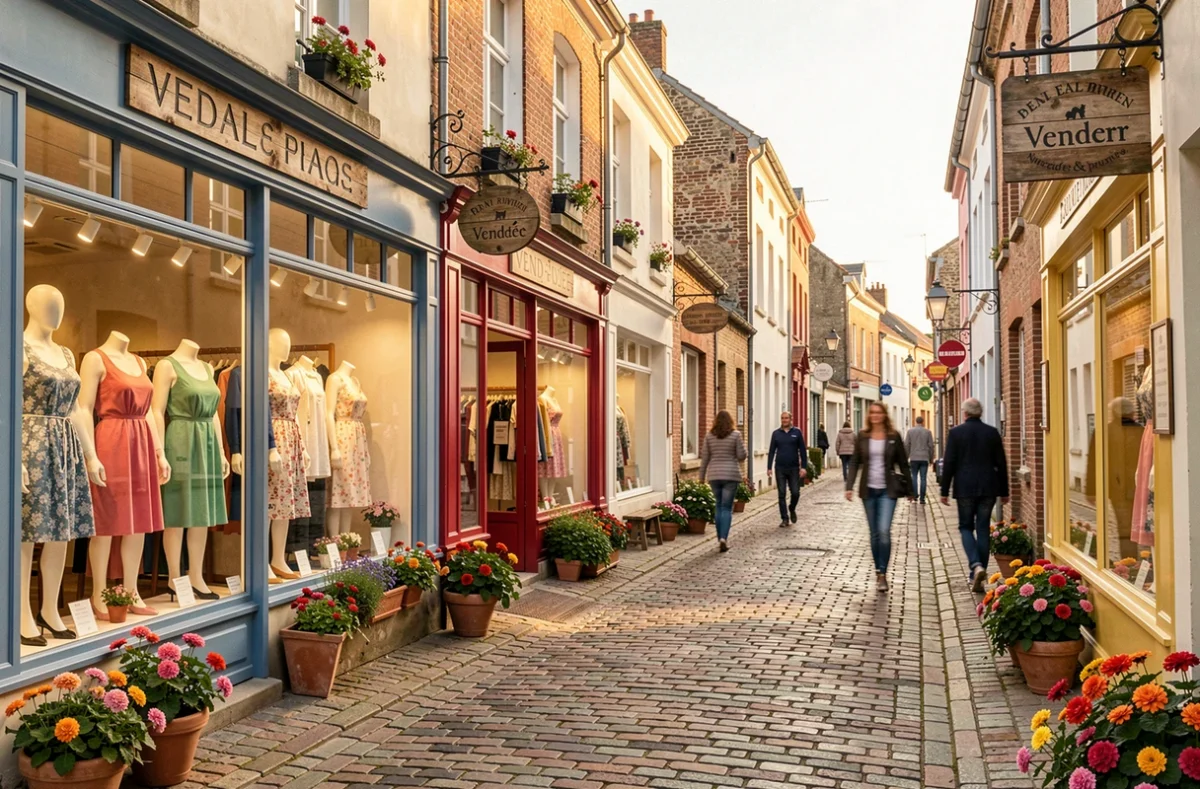 Rue commerçante de Vendée avec des boutiques de prêt-à-porter féminin aux vitrines élégantes