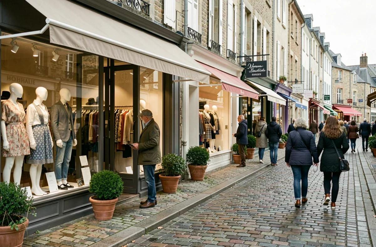 Rue commerçante animée en Seine-Maritime avec plusieurs boutiques de vêtements et des passants faisant du shopping
