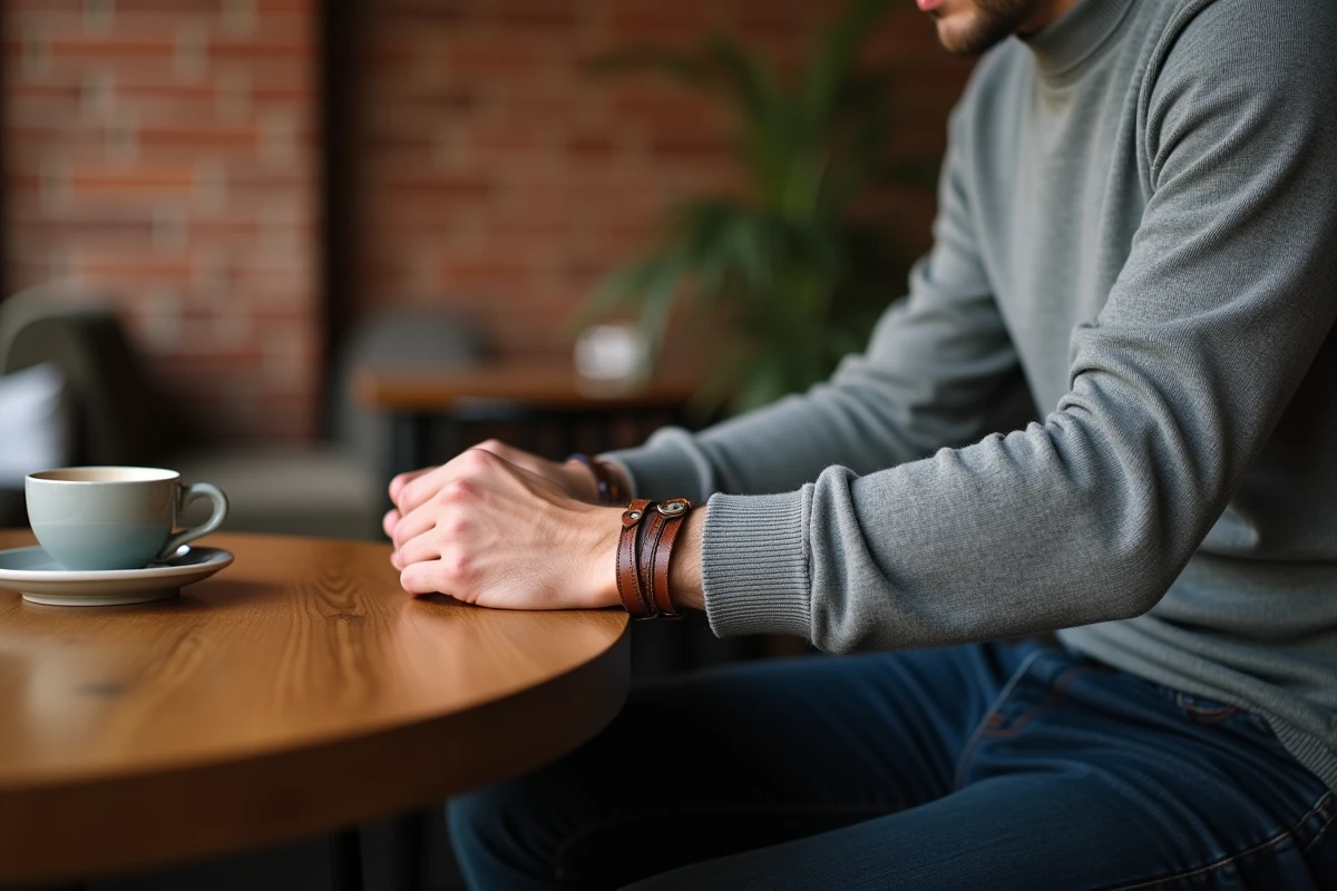 Jeune homme attablé dans un café avec un bracelet de force en cuir cognac au poignet, tenue décontractée pull gris et jean indigo