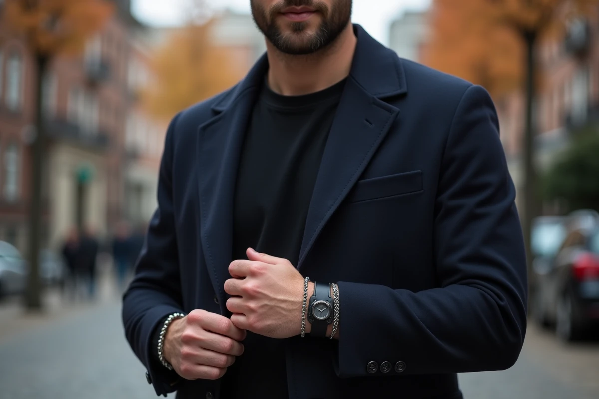 Homme en manteau de laine marine portant un bracelet de force en cuir noir avec une fine chaîne argentée en layering, dans une rue pavée en automne