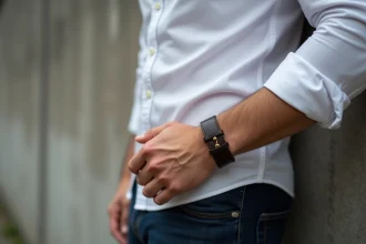 Homme portant un bracelet de force en cuir marron foncé avec une chemise Oxford blanche aux manches retroussées, style casual élégant