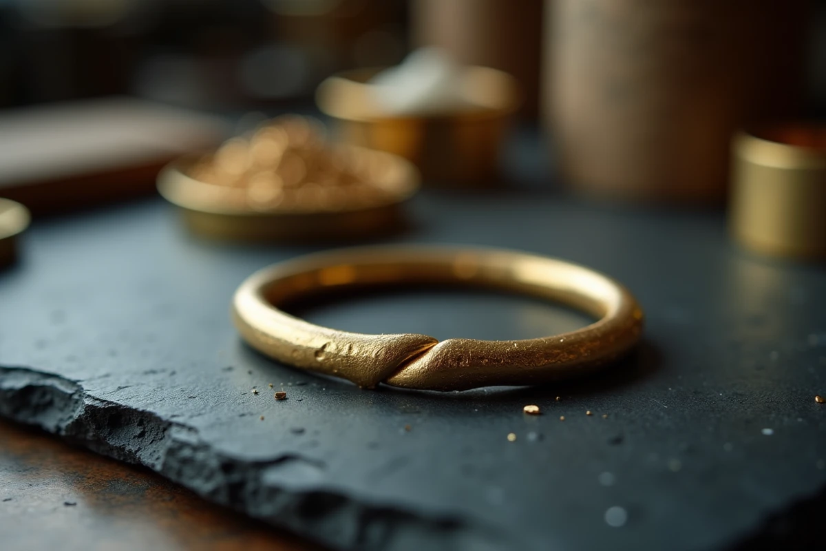 Bracelet plaqué or en gros plan montrant l'épaisseur du micron et l'usure du revêtement dorés sur laiton