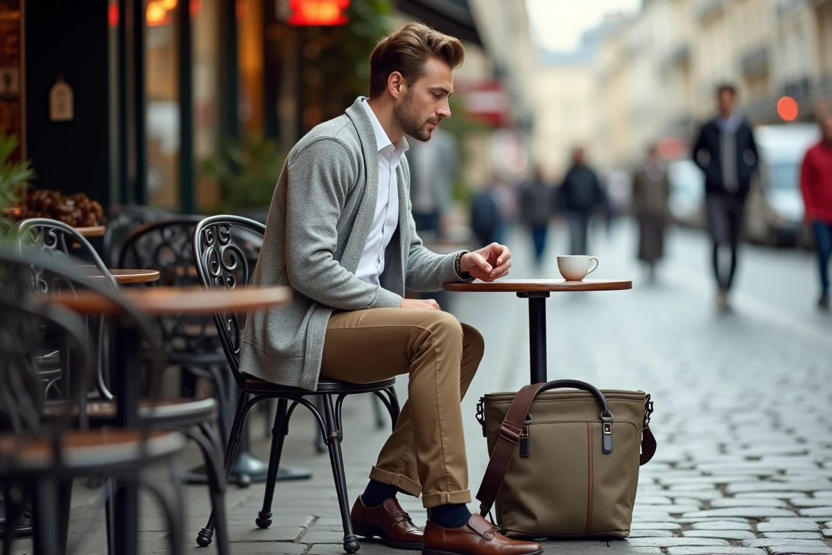 Jeune homme professionnel au café parisien avec sac minimaliste