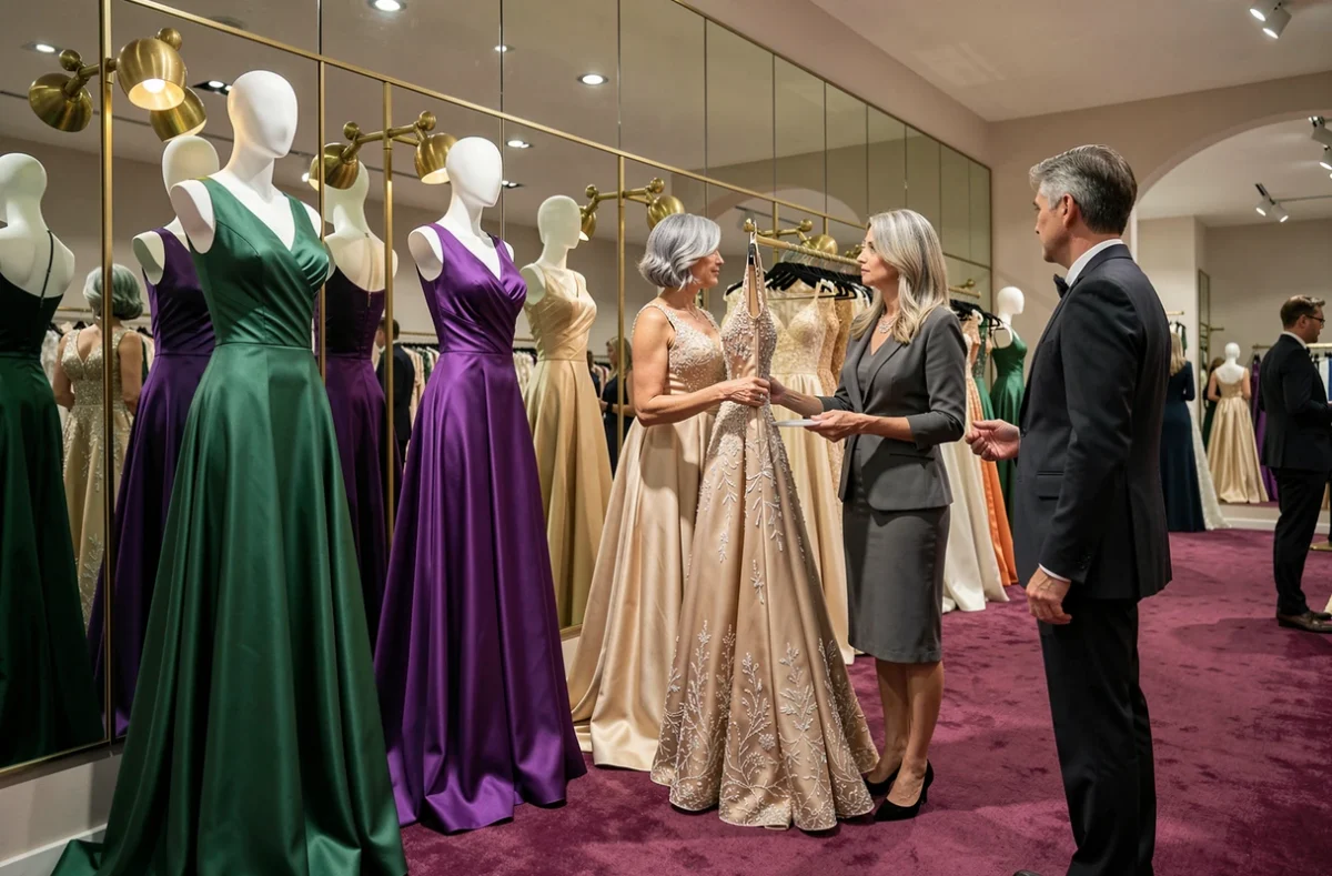 Showroom de la boutique Candice Prestige avec robes de soirée somptueuses et tissus brodés