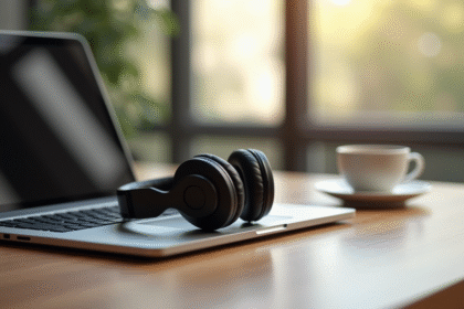 Casque sans fil moderne sur un bureau en bois avec ordinateur et café