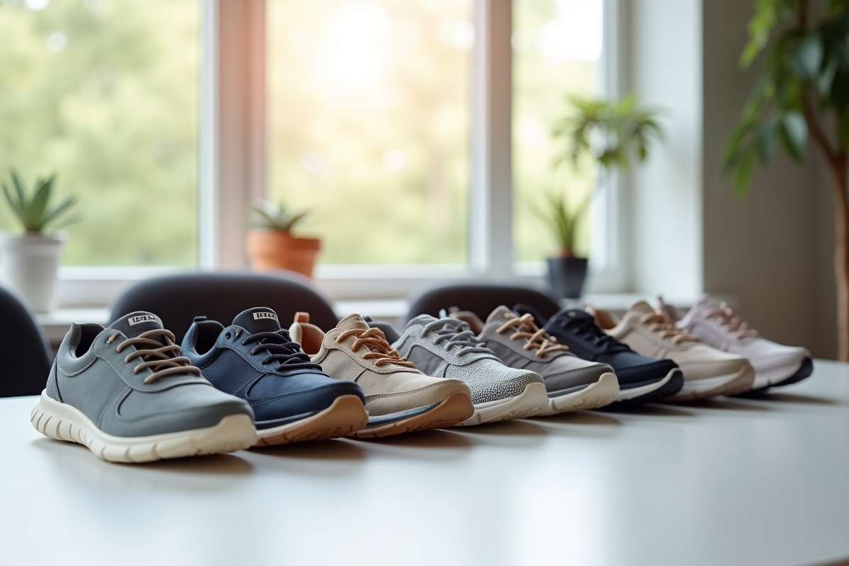 Plusieurs paires de chaussures Skechers usées sur une table blanche