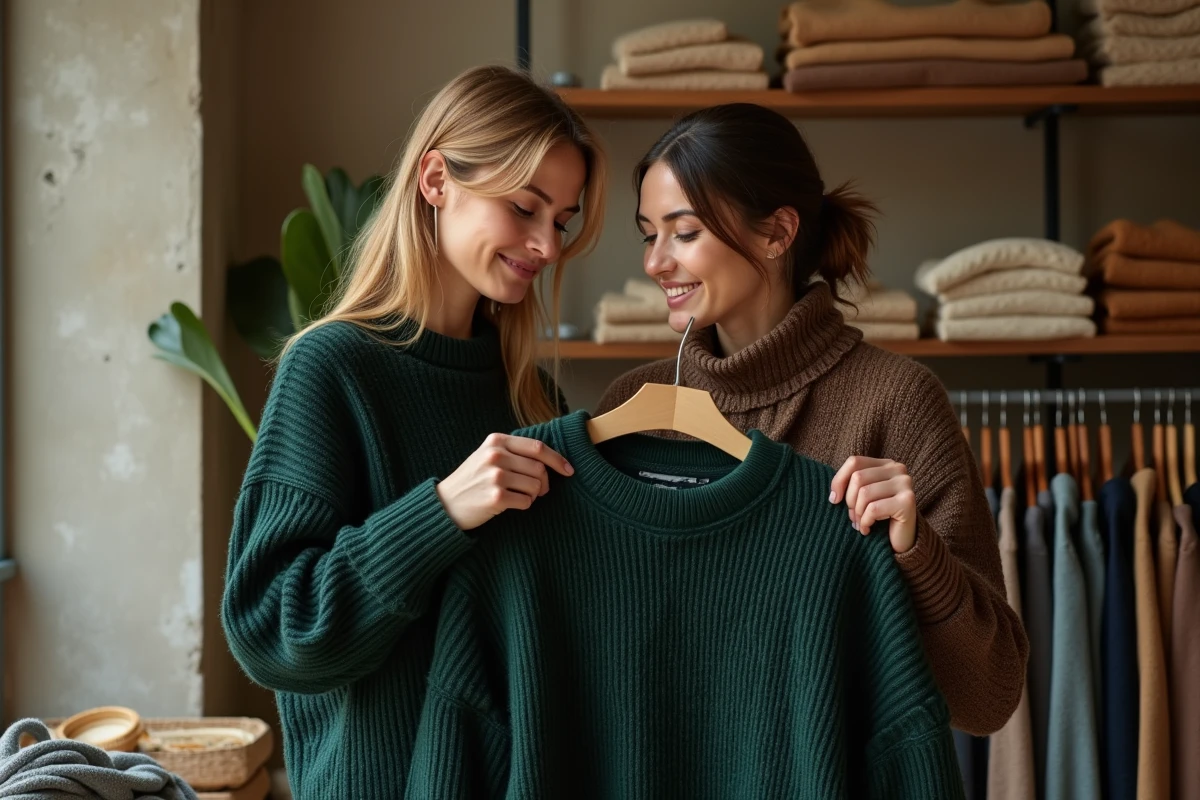 Deux femmes choisissant des pulls en laine épaisse dans une boutique de knitwear française aux murs en plâtre brut