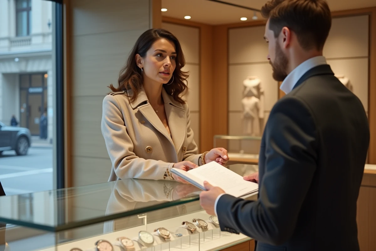 Femme en manteau beige discutant avec un conseiller horloger suisse au comptoir d'une boutique Rolex officielle