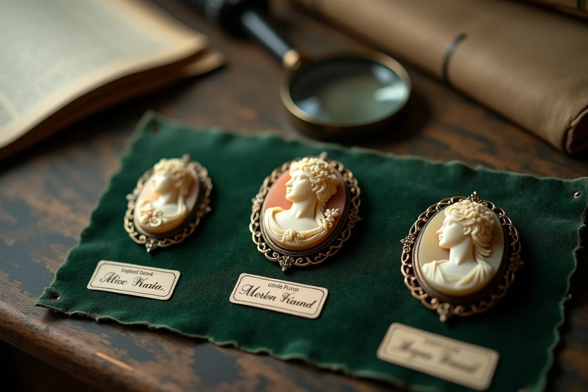 Collection de trois camées antiques sur velours vert avec fiches d'identification dans un contexte muséal