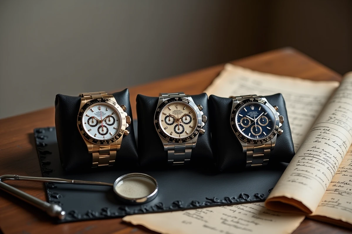 Trois montres Rolex Daytona de différentes générations disposées en collection sur ardoise avec documents d'évaluation, illustrant l'investissement horloger