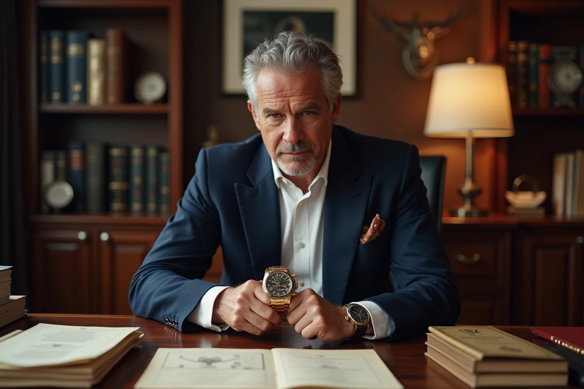Collectionneur analysant une Rolex Daytona vintage dans un bureau de collection privé, entouré de catalogues d'enchères horlogères