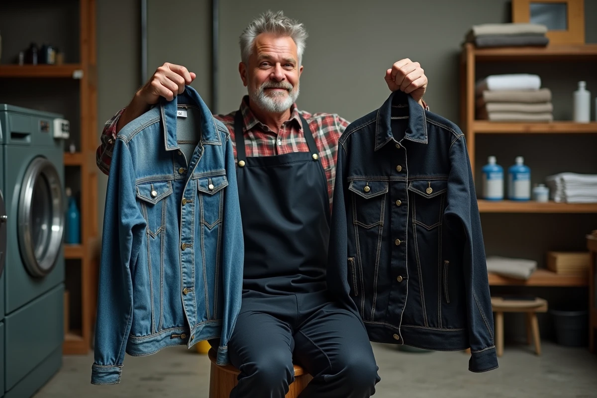 Homme comparant un jean veste délavé et une veste en denim teinte en noir dans une buanderie, illustration du résultat d'une teinture noire durable