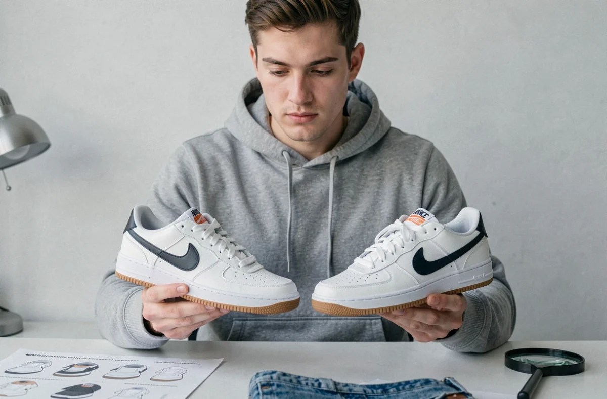 Homme comparant une Nike TN Lisboa originale et une contrefaçon côte à côte, analyse des différences de logo et de qualité