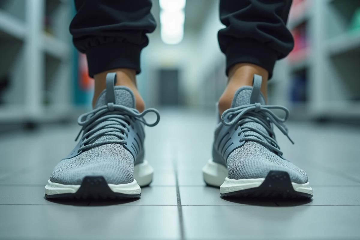Comparaison entre une chaussure Adidas bien ajustée et une trop grande avec le talon qui flotte, illustrant les problèmes de pointure
